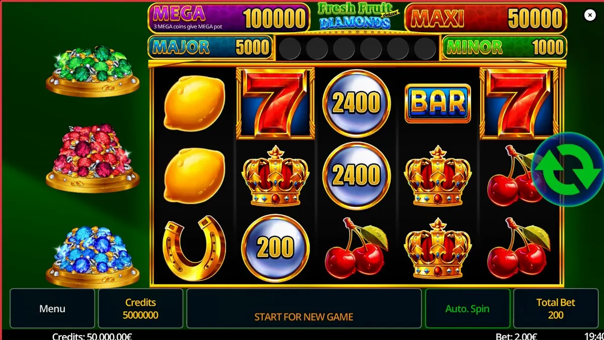 Fresh Fruit Deluxe Diamonds স্লটের রঙিন এবং উজ্জ্বল ইন্টারফেসের একটি দৃশ্য